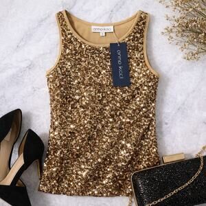 Anna Kaci Sequin Tank Gold Sleeveless Party Top Stretch Back NWT Small